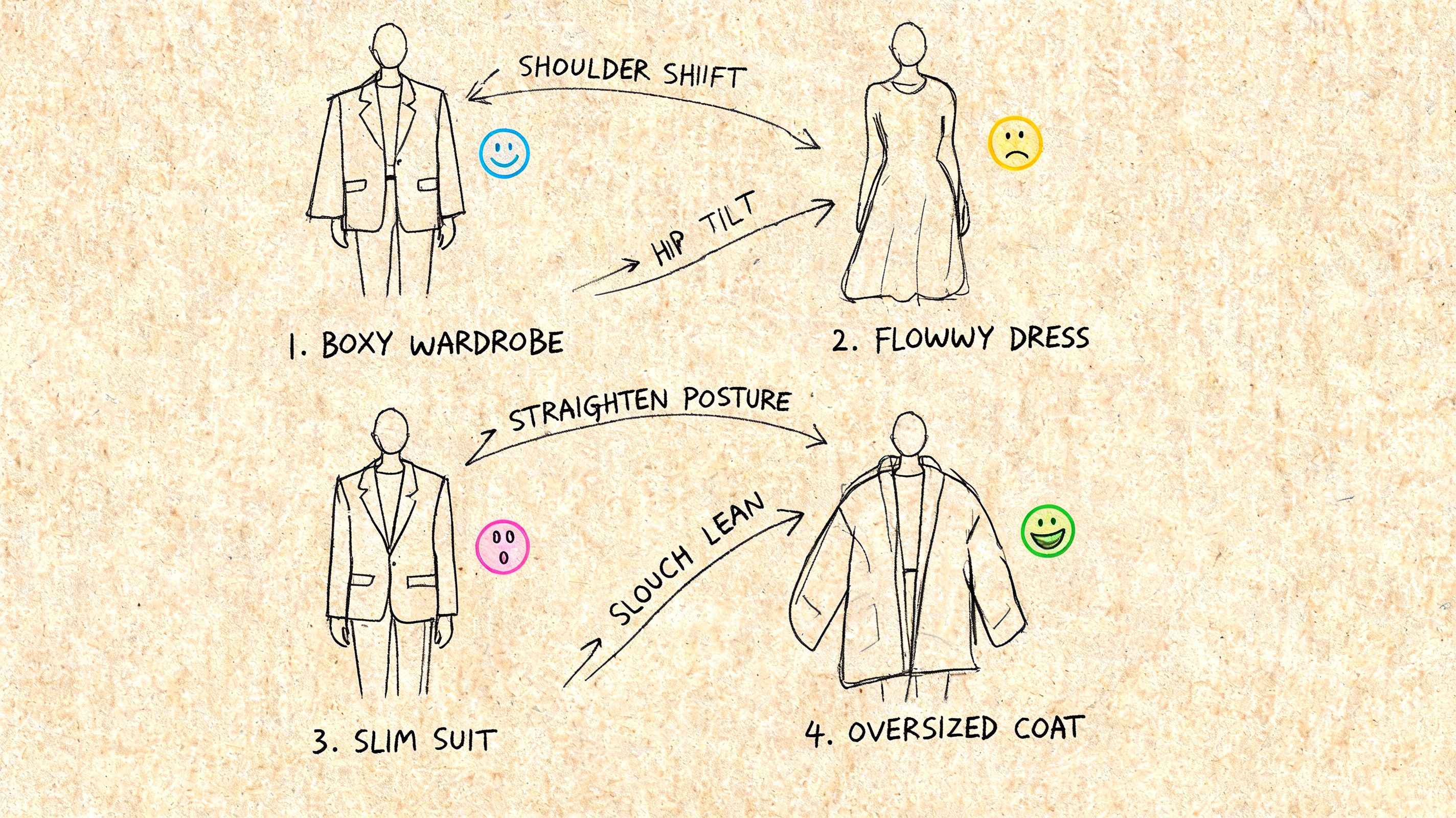 A diagram comparing fashion styles and poses with labeled arrows describing posture adjustments for better outfit presentation.