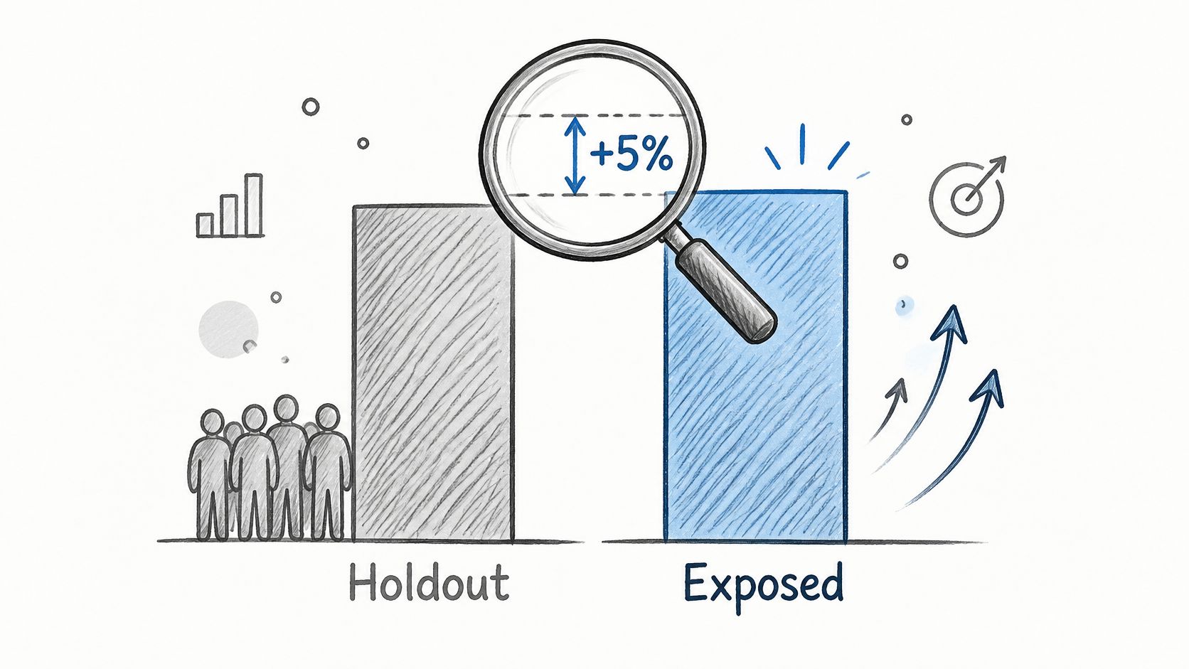 A conceptual illustration comparing a control holdout group against an exposed group showing a five percent increase.