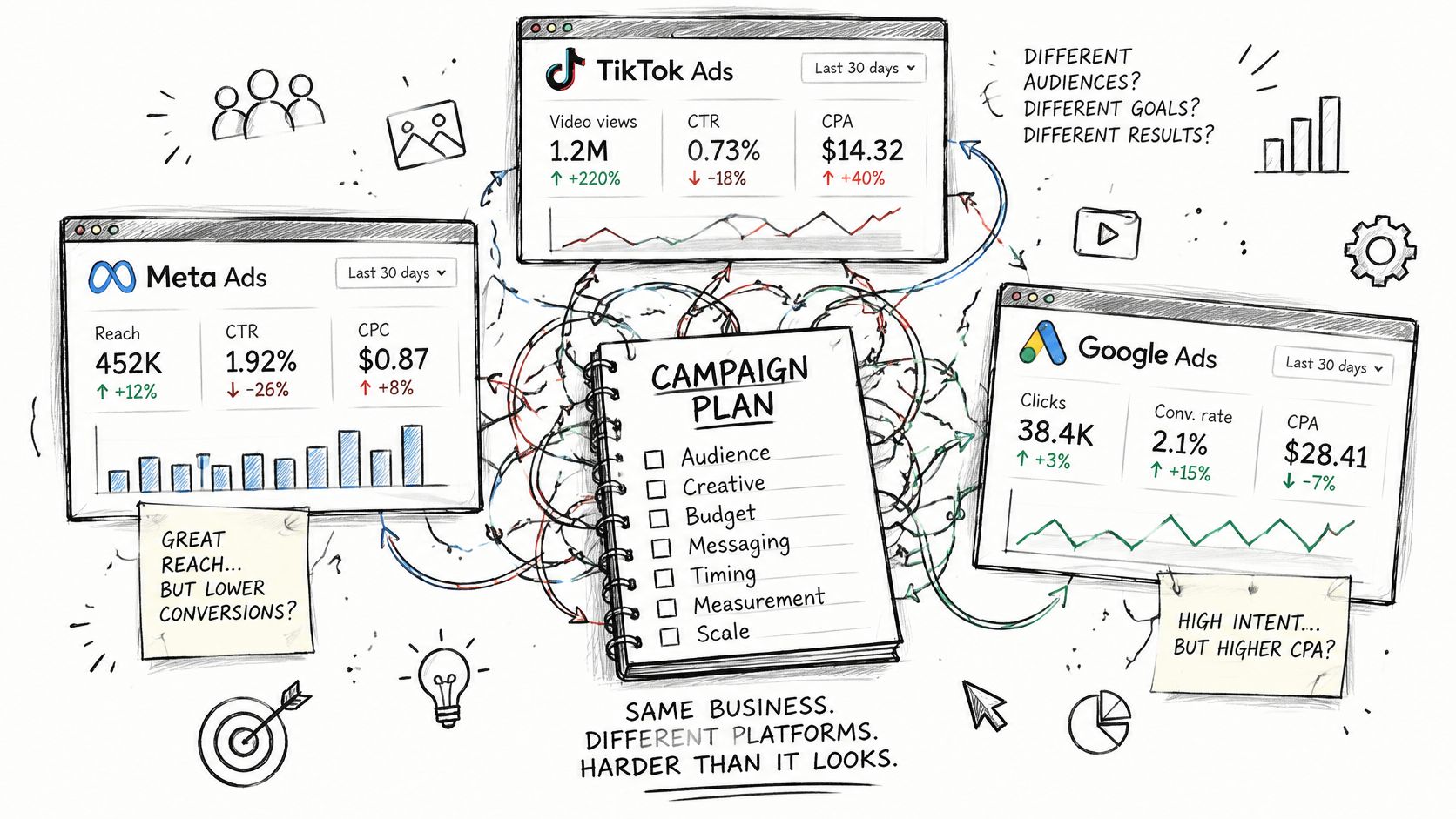 A hand-drawn illustration depicting the complexity of managing multi-platform advertising campaigns across TikTok, Meta, and Google Ads.