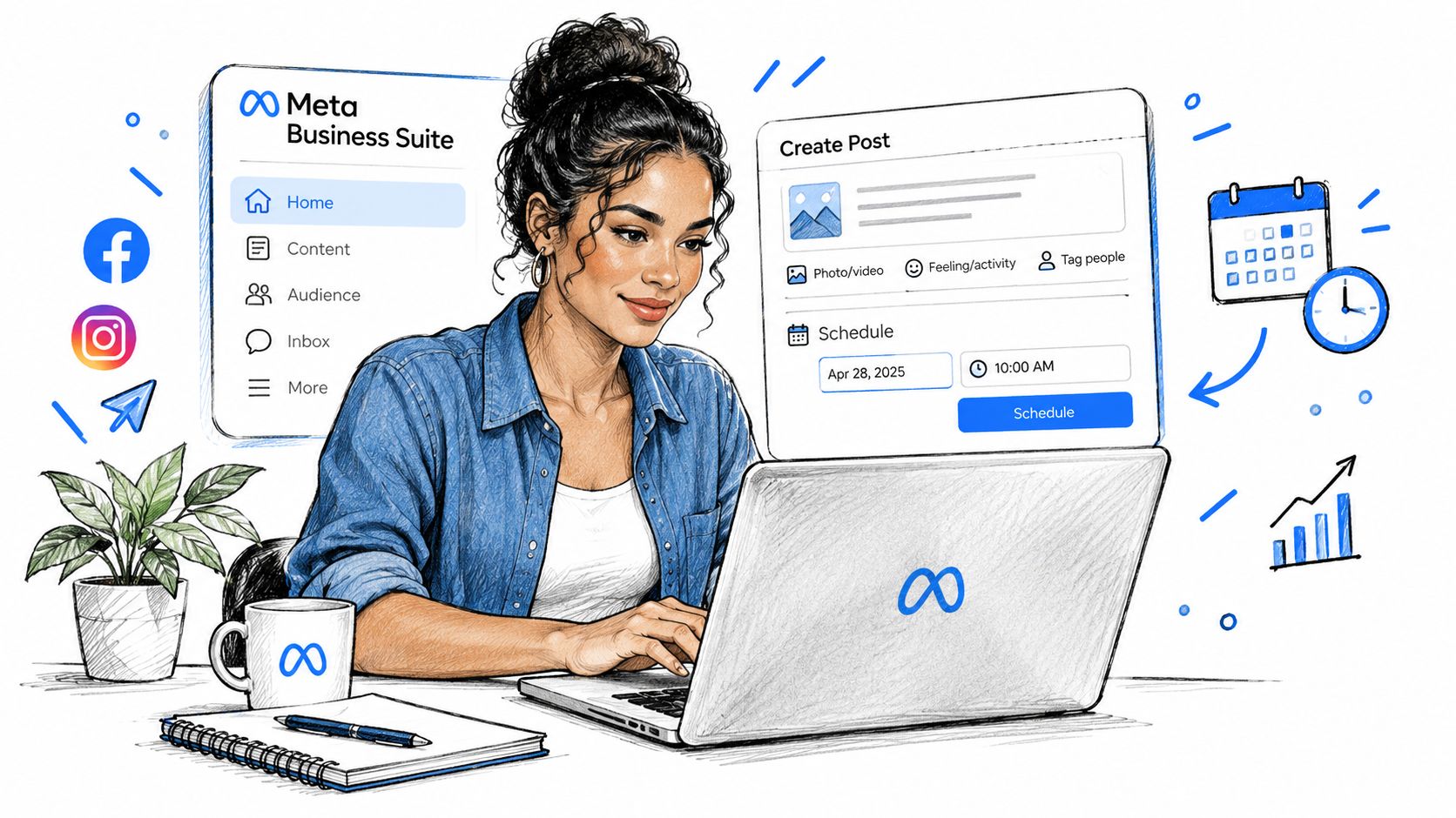A professional woman using a laptop to schedule posts on Meta Business Suite for Facebook and Instagram.