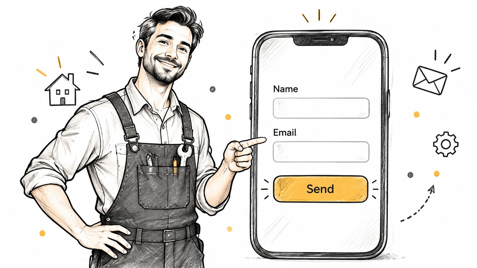 A professional repairman in work overalls gesturing toward a mobile phone interface with a contact form.
