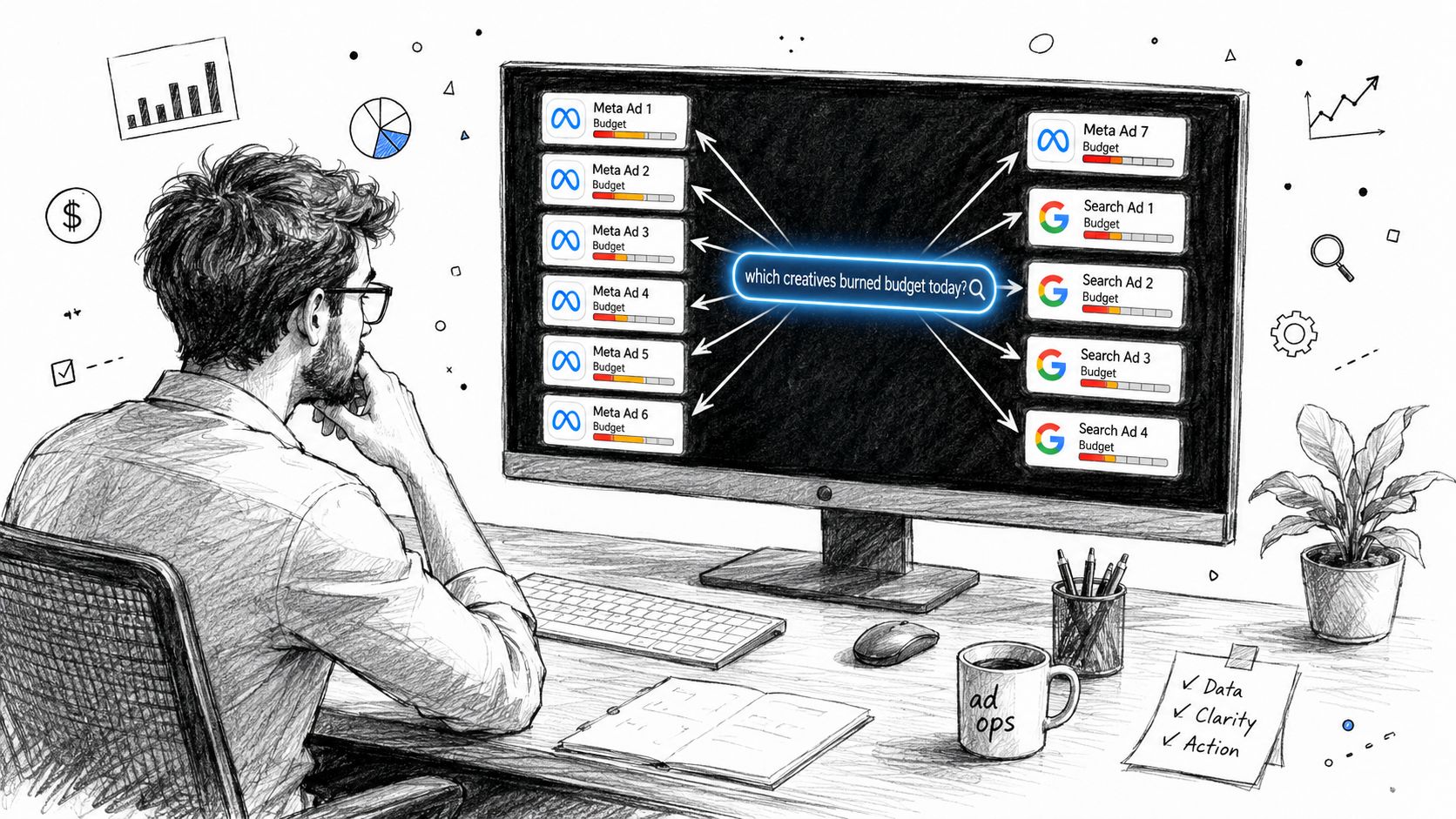 A digital artist illustration showing a person analyzing marketing ad performance data on a large computer monitor.