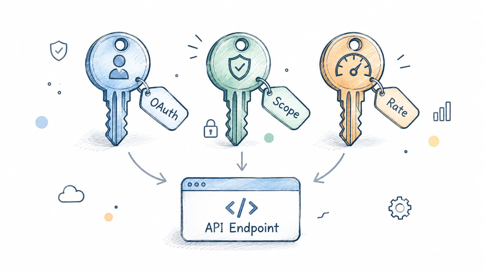 A hand-drawn illustration showing three stylized keys labeled OAuth, Scope, and Rate pointing toward an API endpoint.