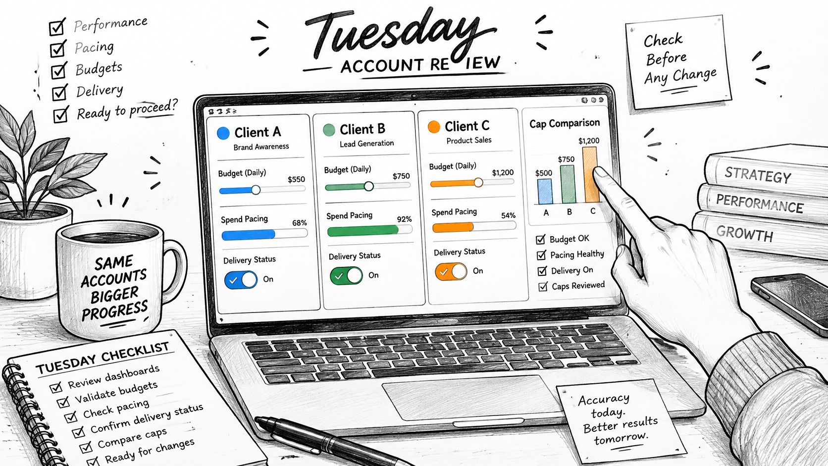 A hand touches a laptop screen displaying marketing account review dashboards with budgets and performance pacing.