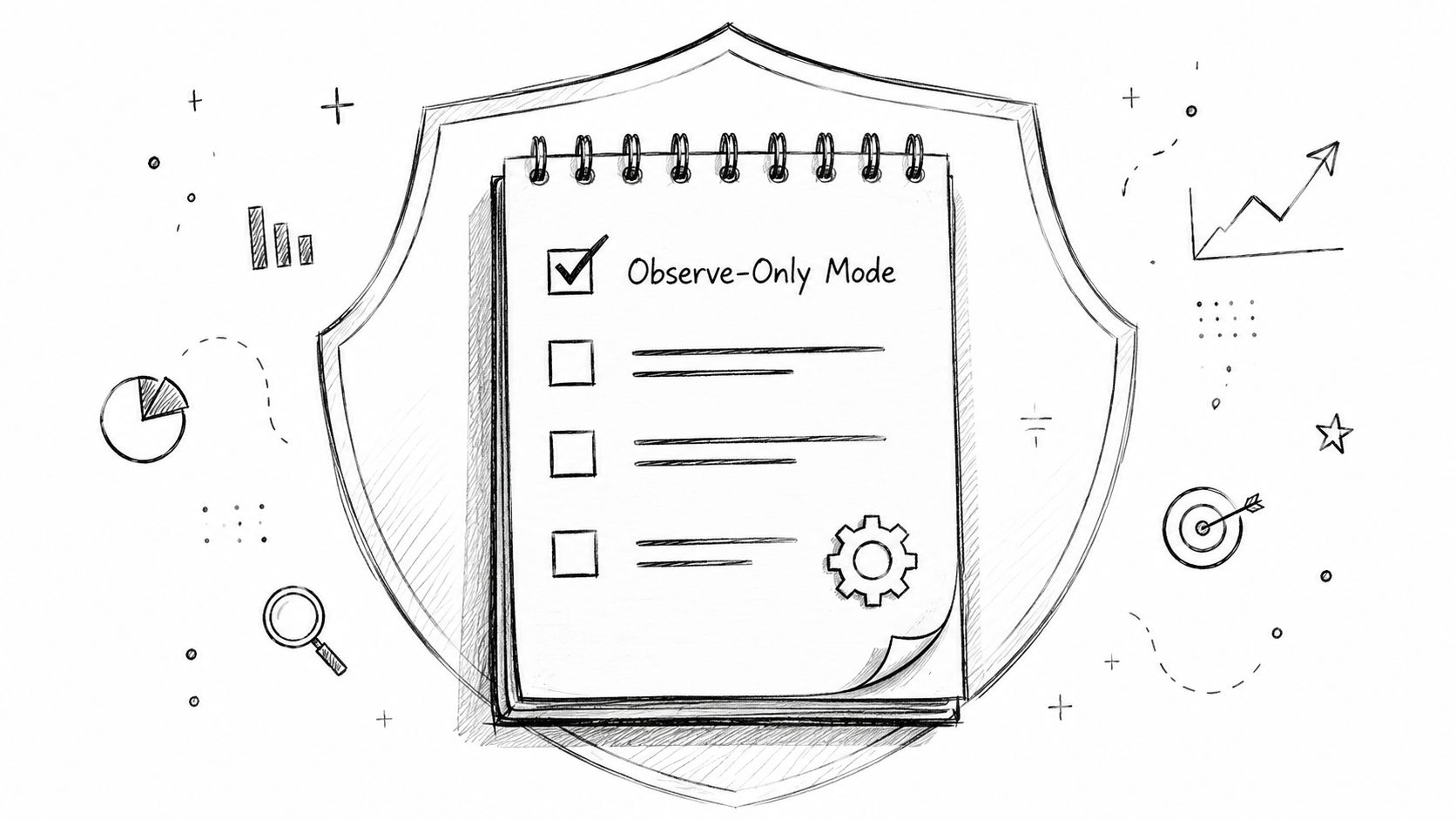 A hand-drawn sketch of a notepad with a shield icon labeled Observe-Only Mode surrounded by business charts.