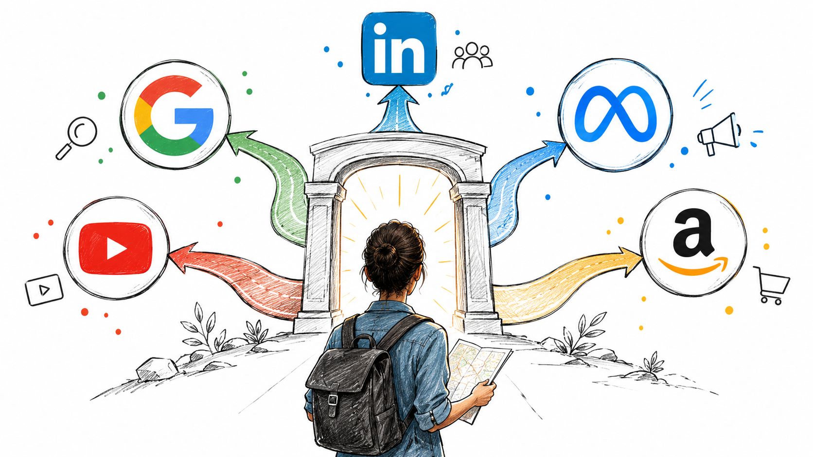 A woman with a backpack looking at a path splitting into five major digital platform icons.