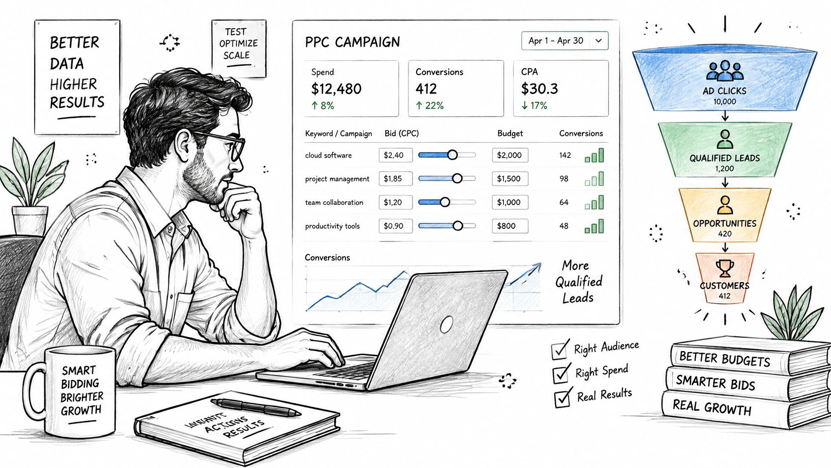 A digital marketer analyzing a PPC campaign dashboard showing conversion data and a sales funnel on screen.