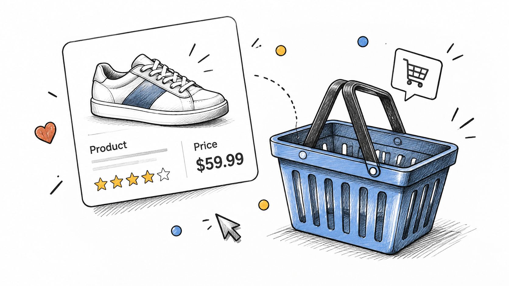 A digital illustration showing a sneaker product card with a price and a shopping basket icon.
