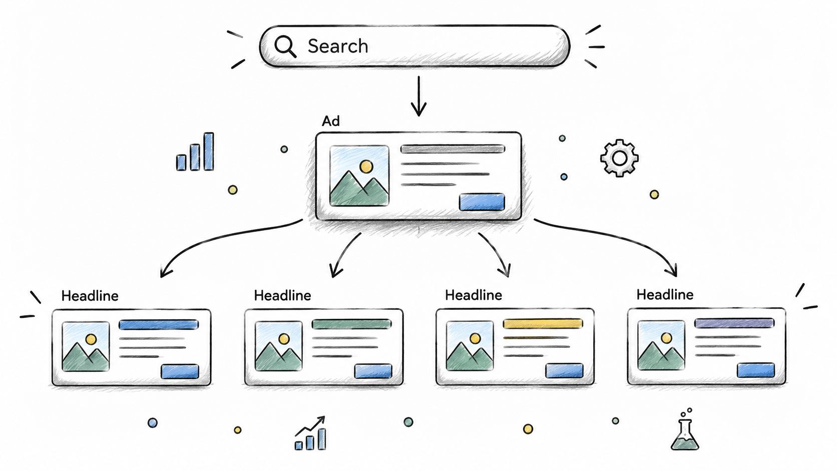 A diagram illustrating how a single ad is tested with four different headlines for optimal performance.