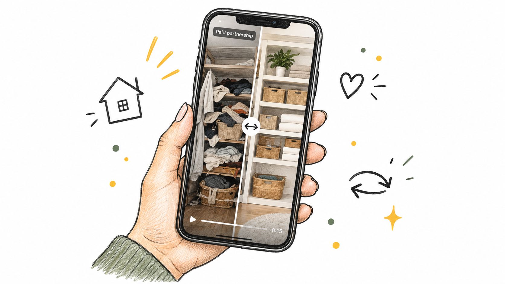 A smartphone showing a messy closet and an organized closet in a before-and-after video.