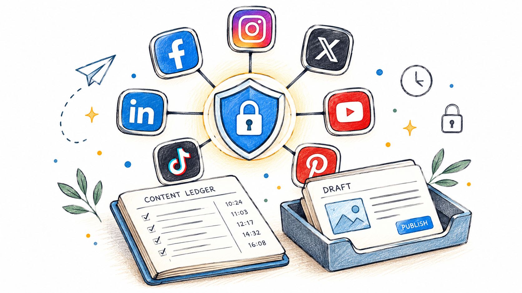 A conceptual illustration of social media account security linked to a content ledger and draft management system.
