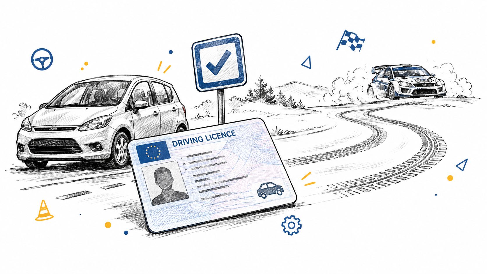 A pencil sketch style drawing of a car, a driving license card, and a rally car racing.
