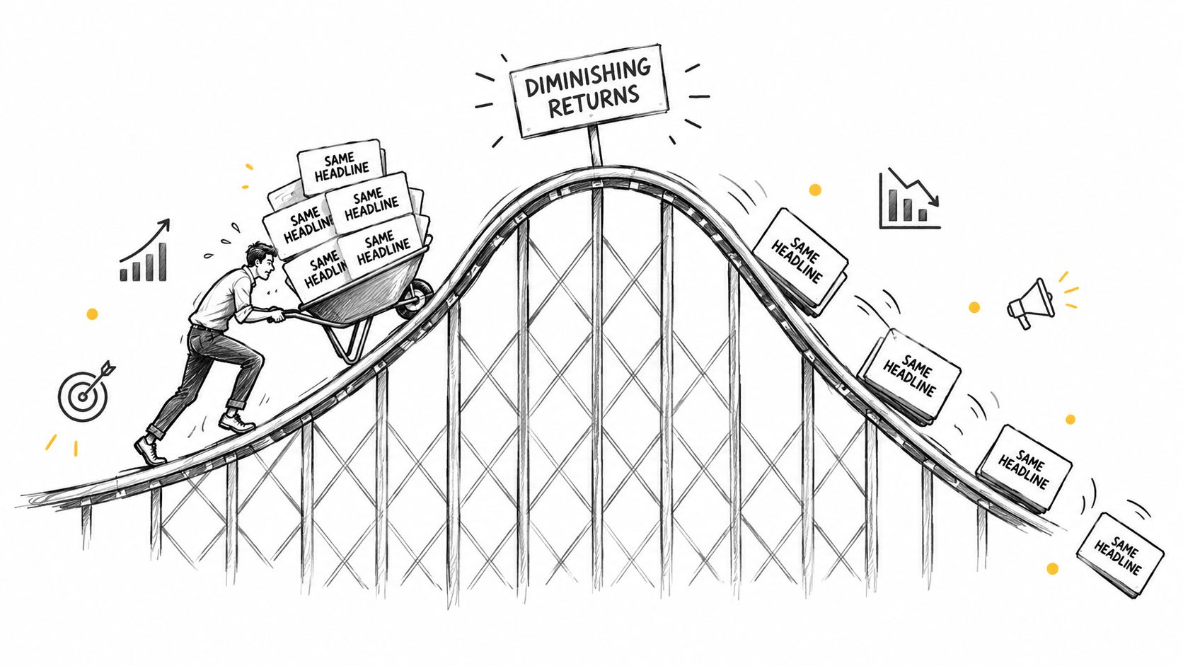 A conceptual illustration of diminishing returns in marketing, showing a person pushing identical ads uphill.