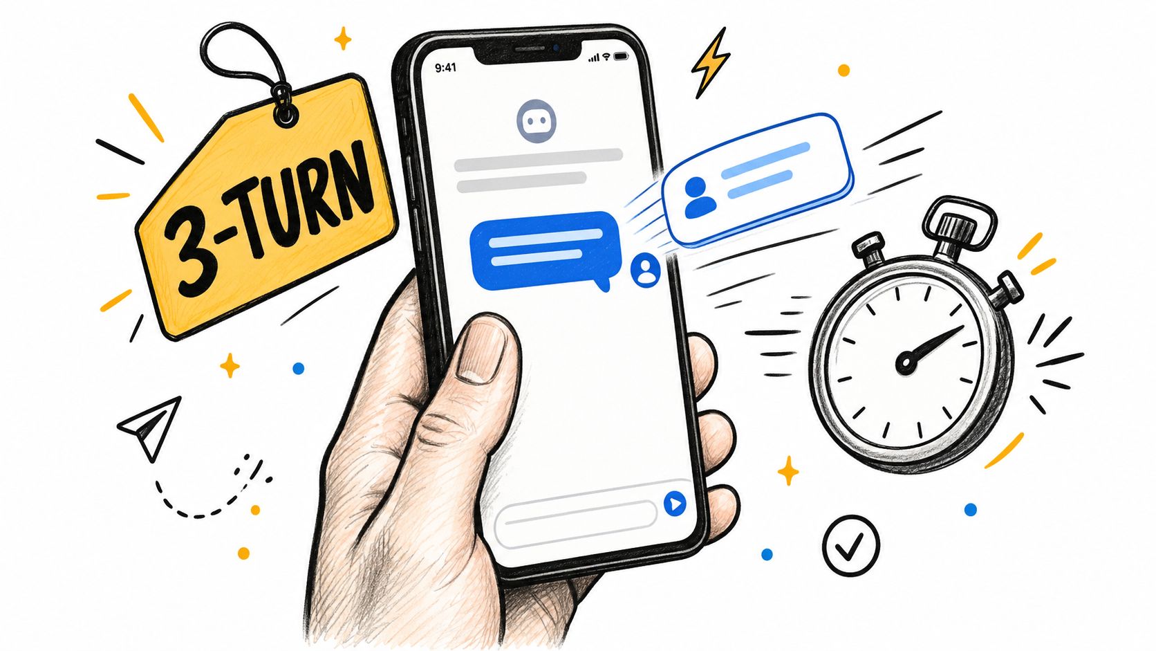 A hand holding a smartphone showing a messaging app with a three-turn indicator and a timer nearby.