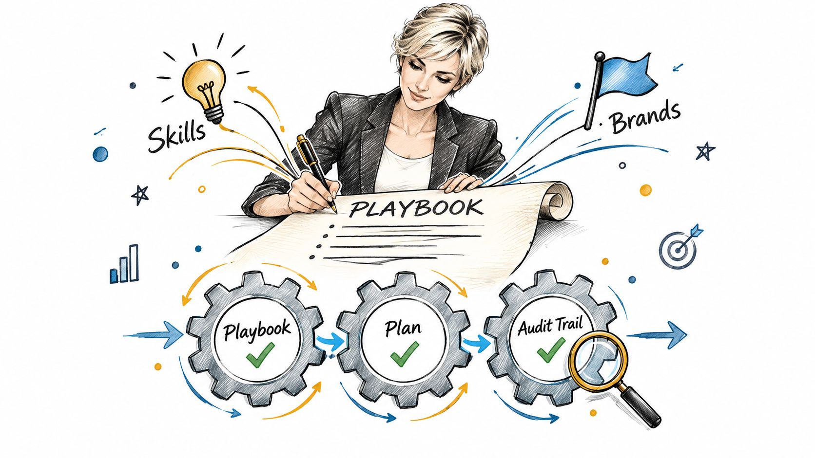 A businesswoman writing in a playbook, illustrating strategy, planning, and multi account management processes.