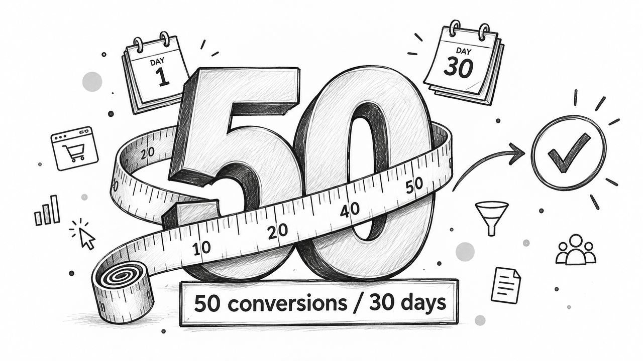 A hand-drawn illustration showing the number 50 wrapped in a measuring tape with a 30-day timeline.