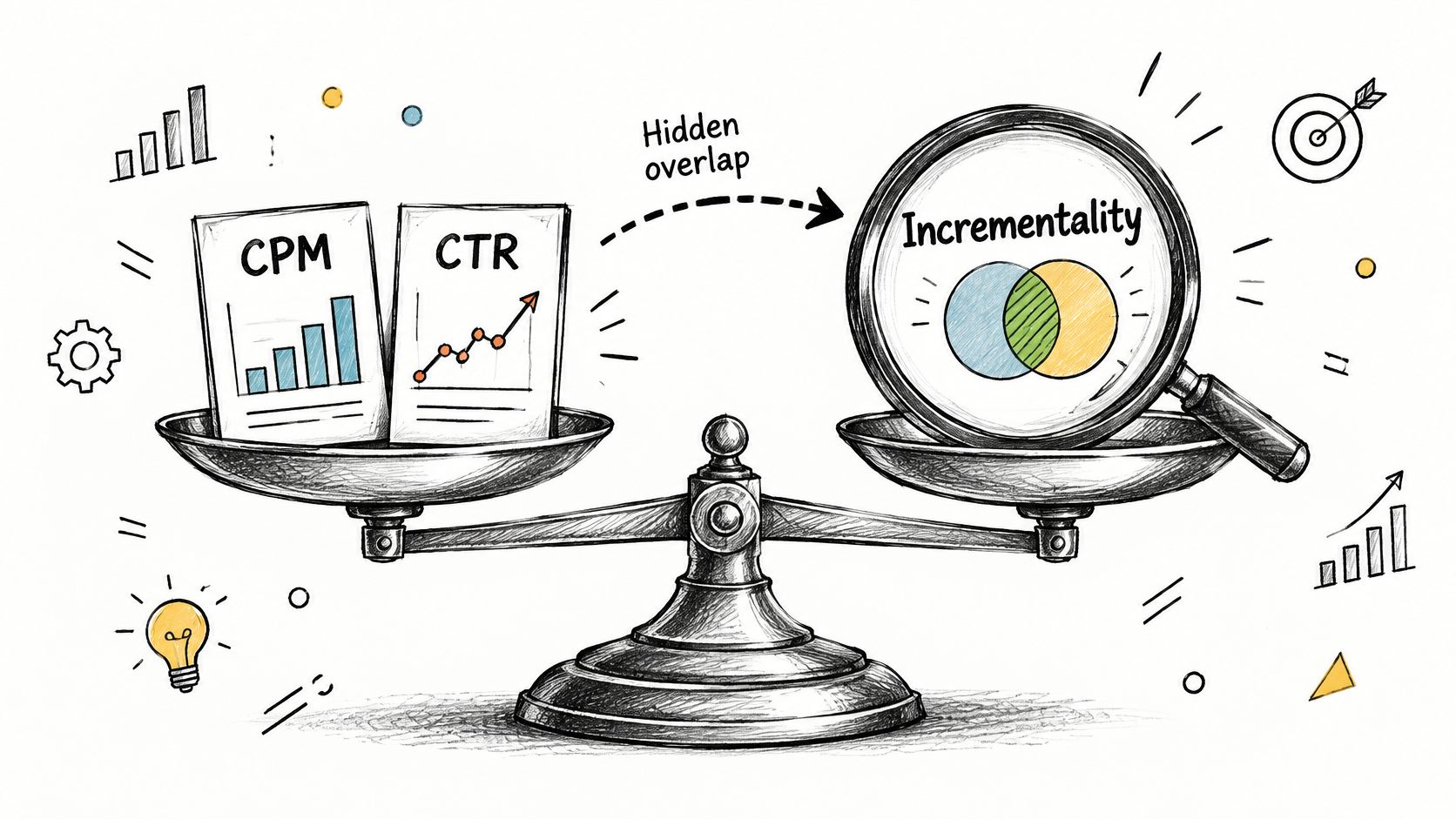 A hand-drawn illustration showing a balance scale weighing digital marketing metrics like CPM and CTR against incrementality.