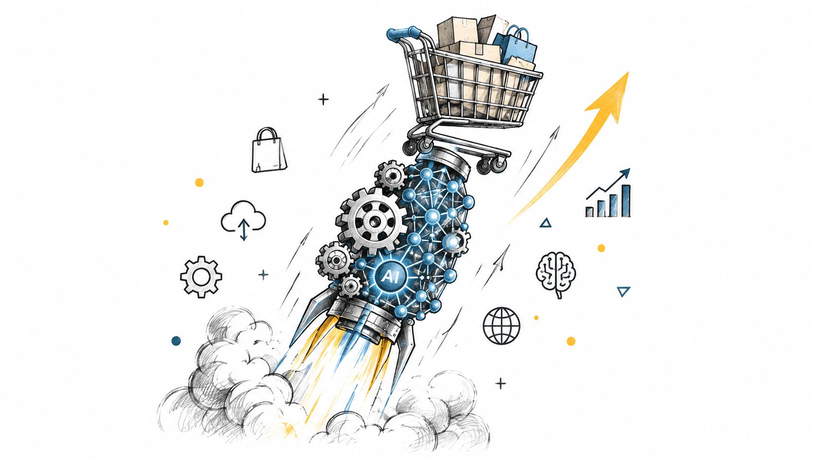 A digital illustration showing a rocket powered by AI launching a shopping cart into the air.