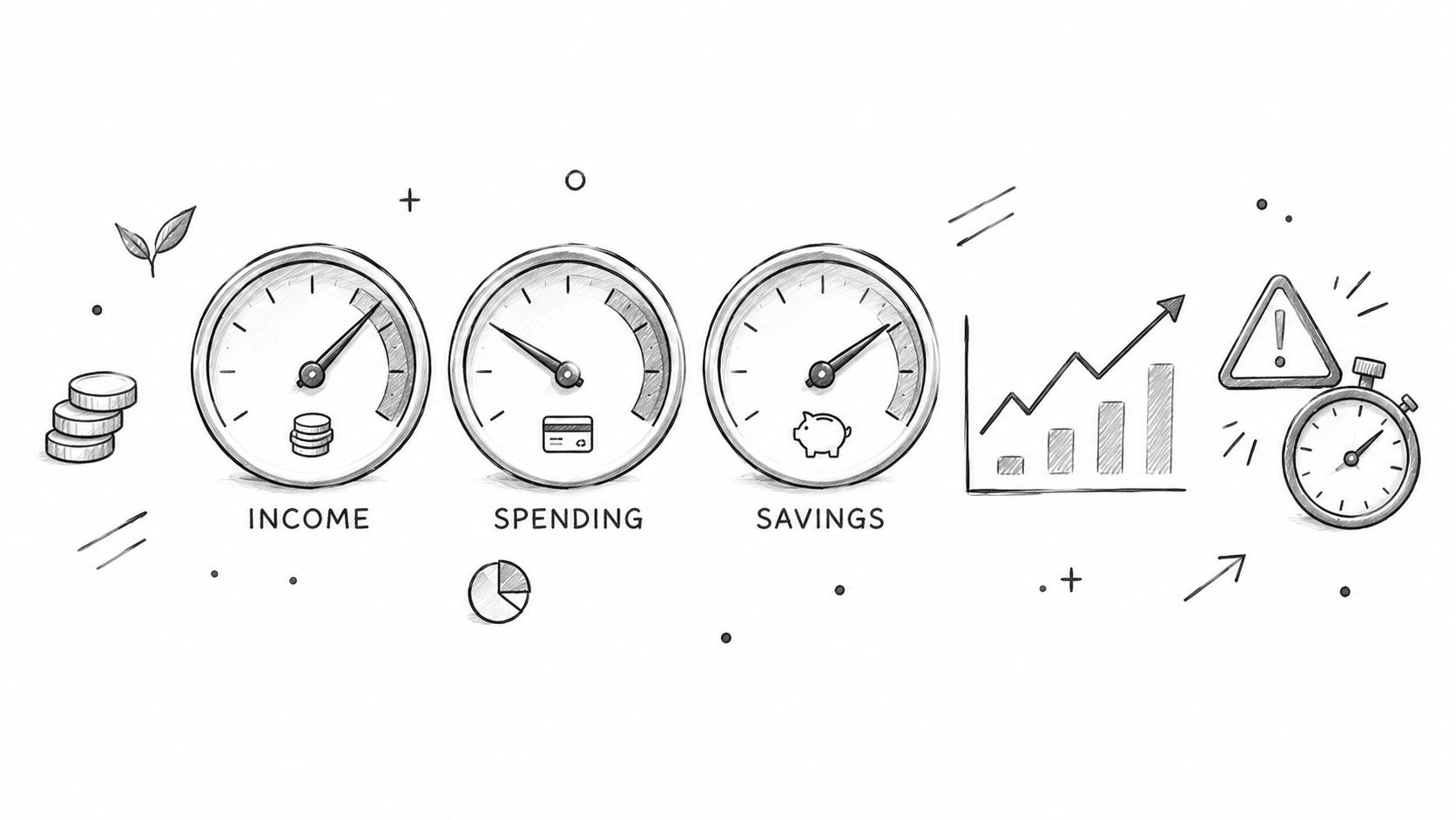 A hand-drawn illustration showing financial management concepts including income, spending, savings gauges, growth charts, and a clock.