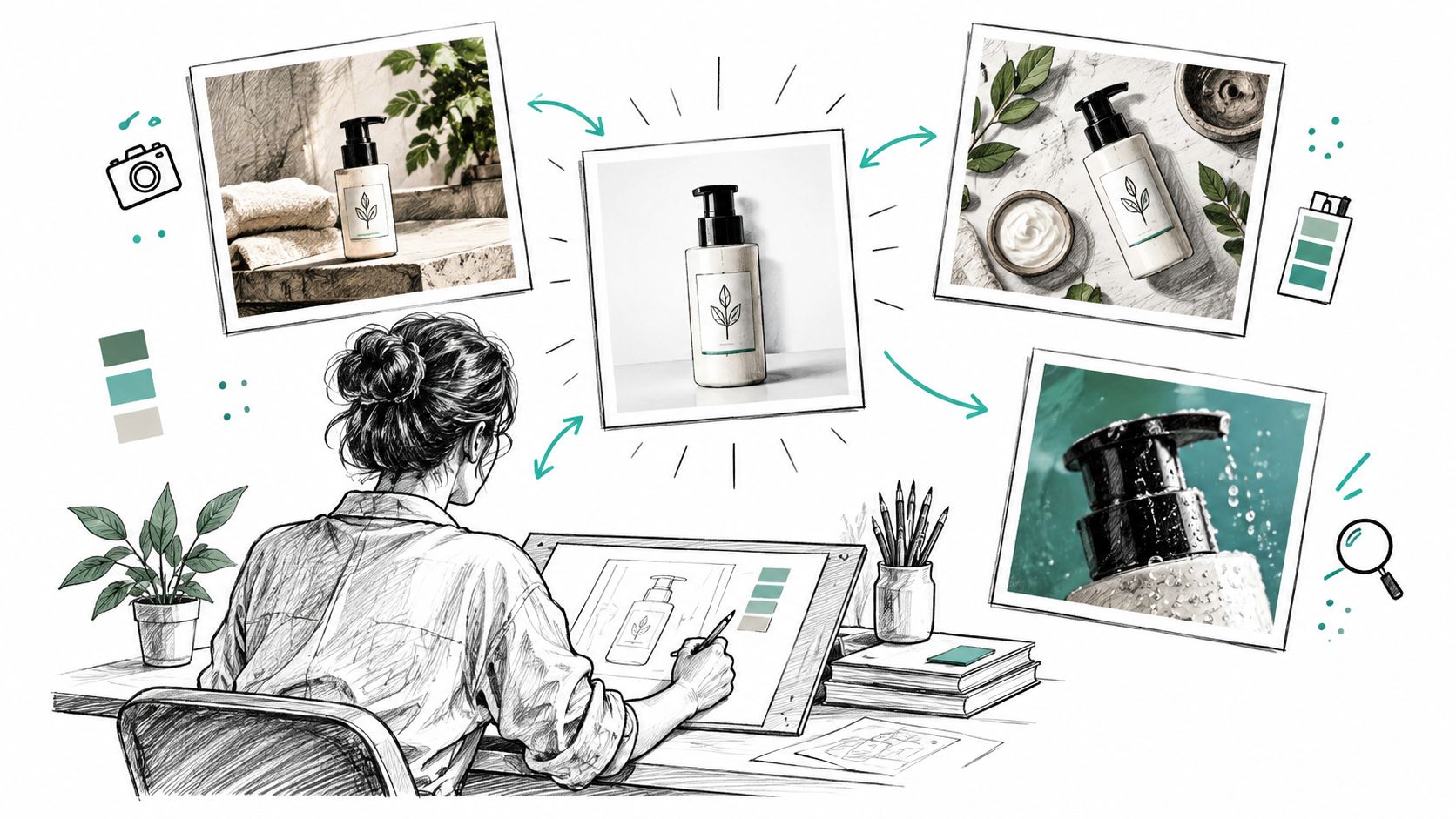 A creative graphic designer working at a desk on branding for a skincare product social media campaign.