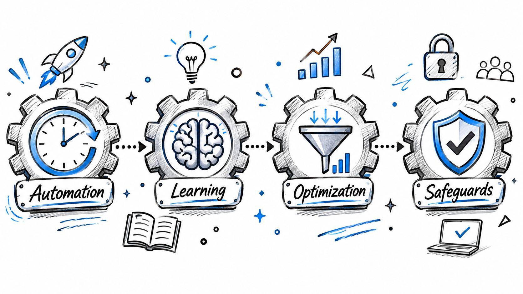 A hand-drawn illustration depicting a four-step business process with icons for automation, learning, optimization, and safeguards.