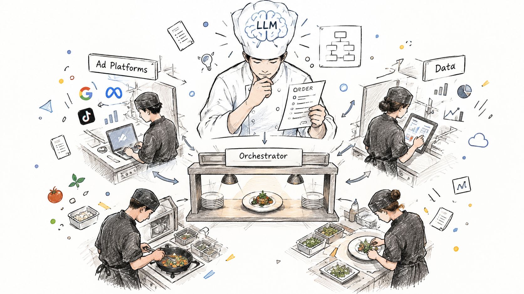 A professional kitchen illustration representing an AI agent orchestrating marketing tasks between data and ad platforms.
