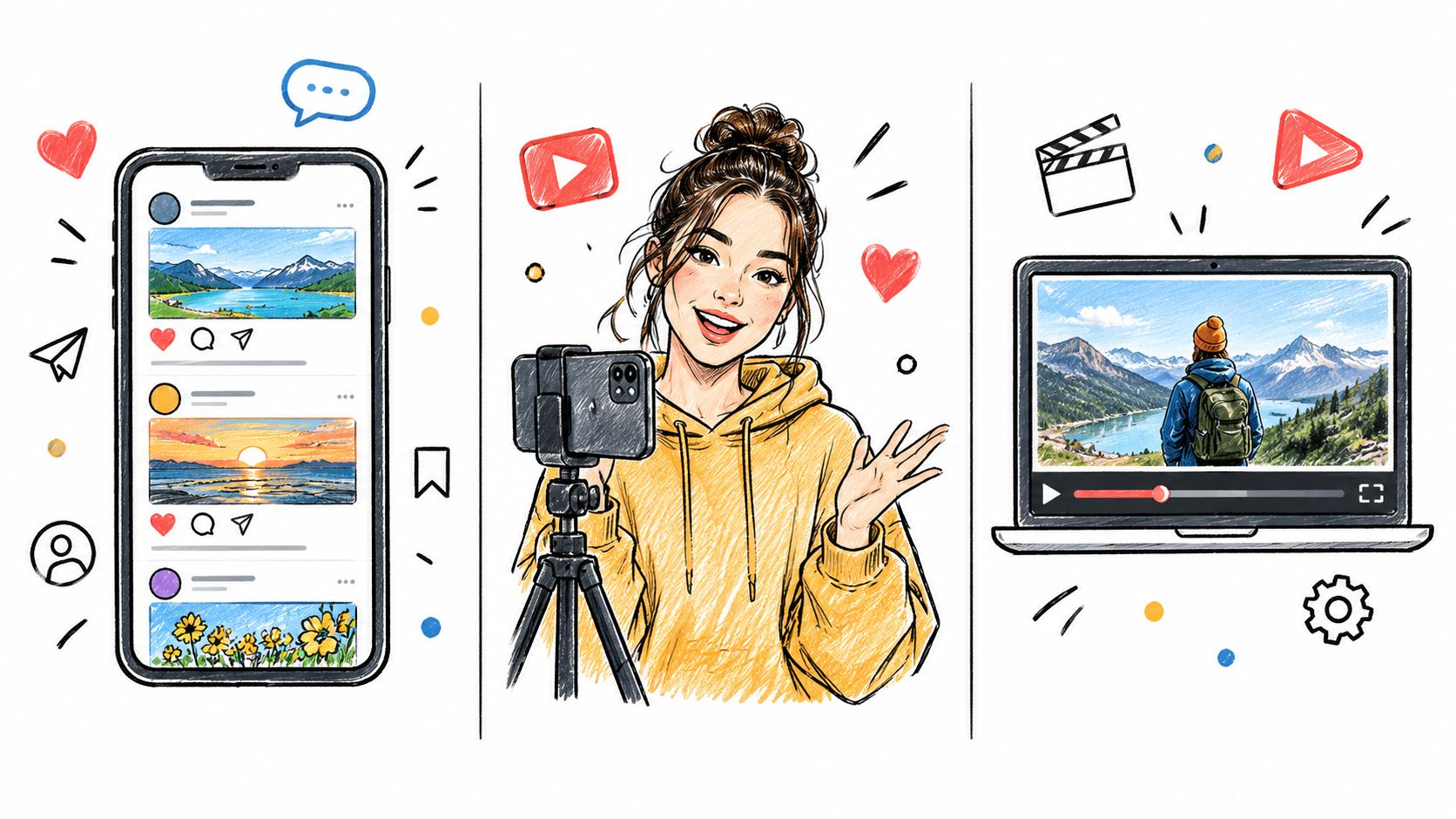 A digital illustration showing a phone with social media posts, a vlogger, and a laptop displaying video.