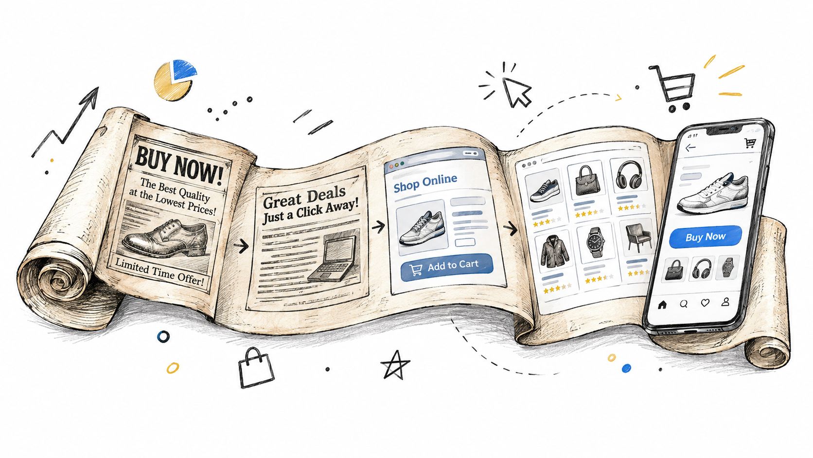 A hand-drawn illustration showing the customer journey from a print advertisement to online mobile shopping.