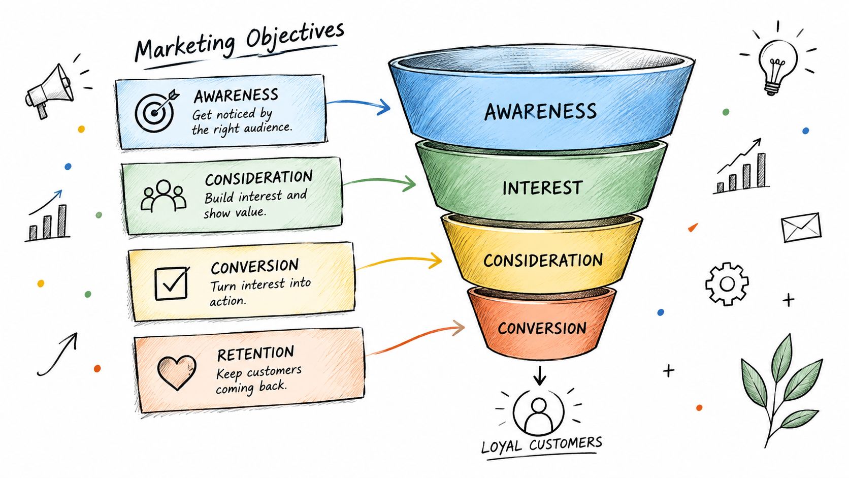 A marketing funnel illustration showing stages from awareness to loyal customers with corresponding objectives and icons.