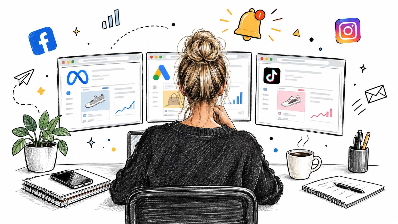 A digital marketer working at a desk with three monitors showing paid social media ad platforms.