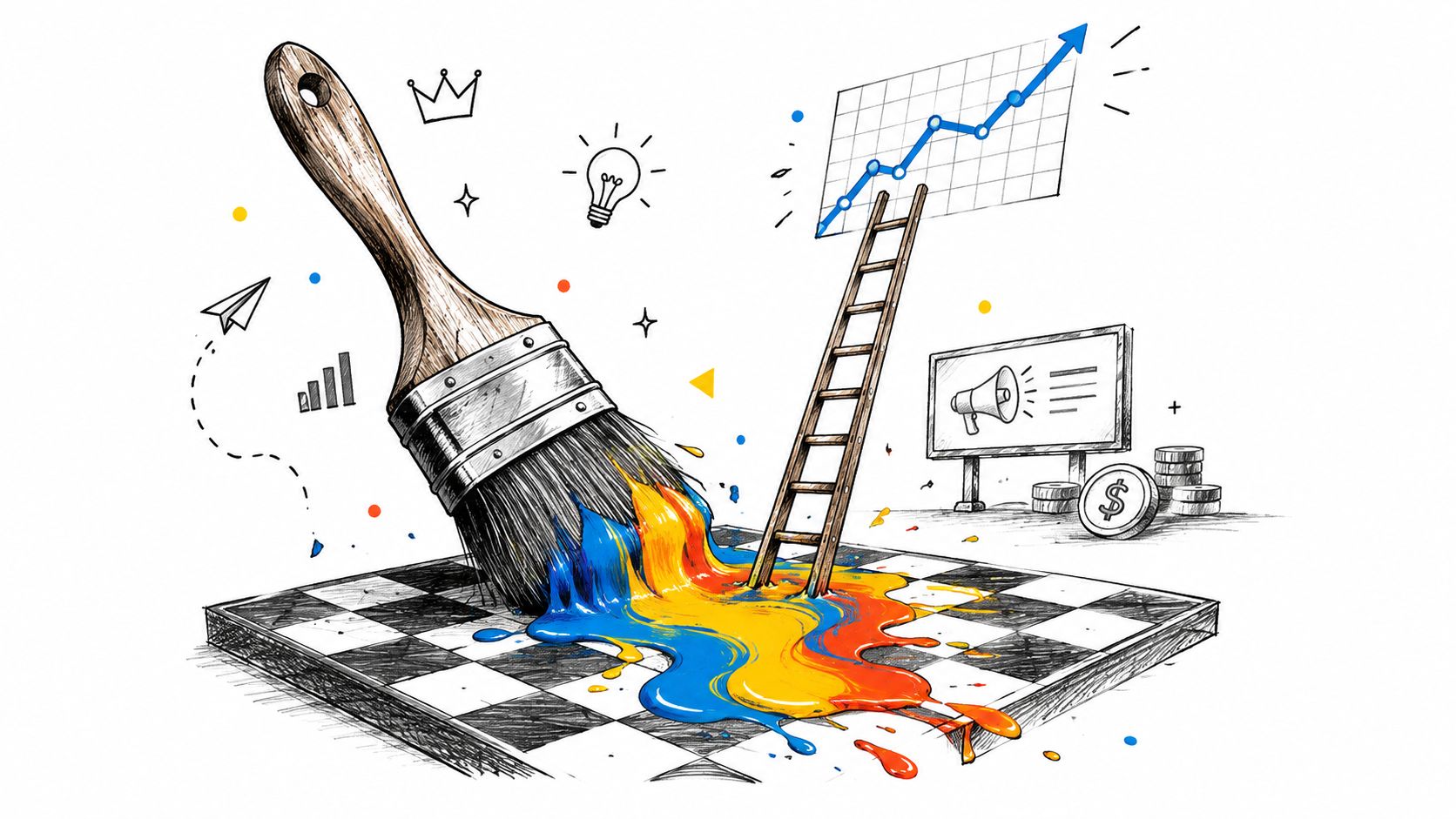 A paintbrush paints colors onto a checkered board with a ladder leading up to a growth graph.