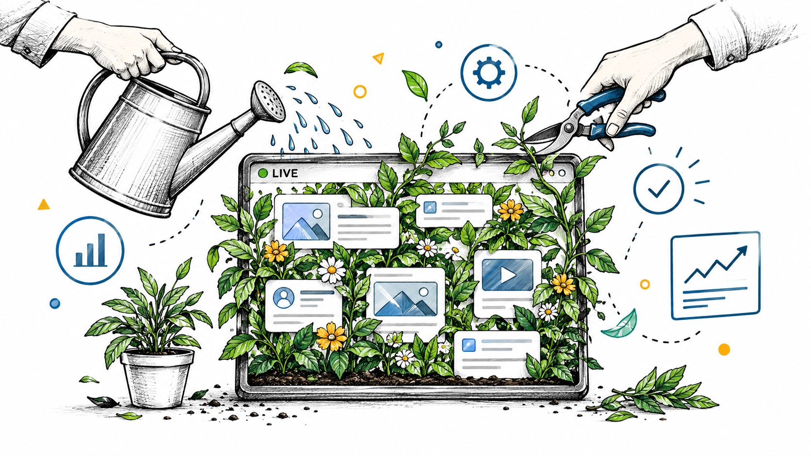 A conceptual illustration showing hands watering and pruning a digital screen growing as a flourishing plant.
