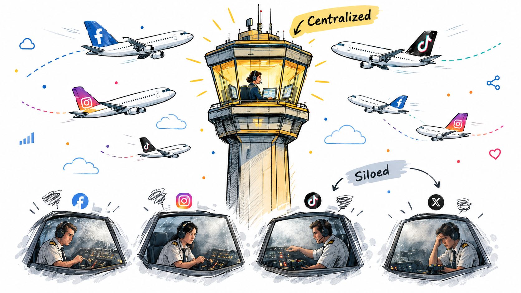A conceptual illustration depicting centralized traffic control versus siloed individual social media account management for pilots.