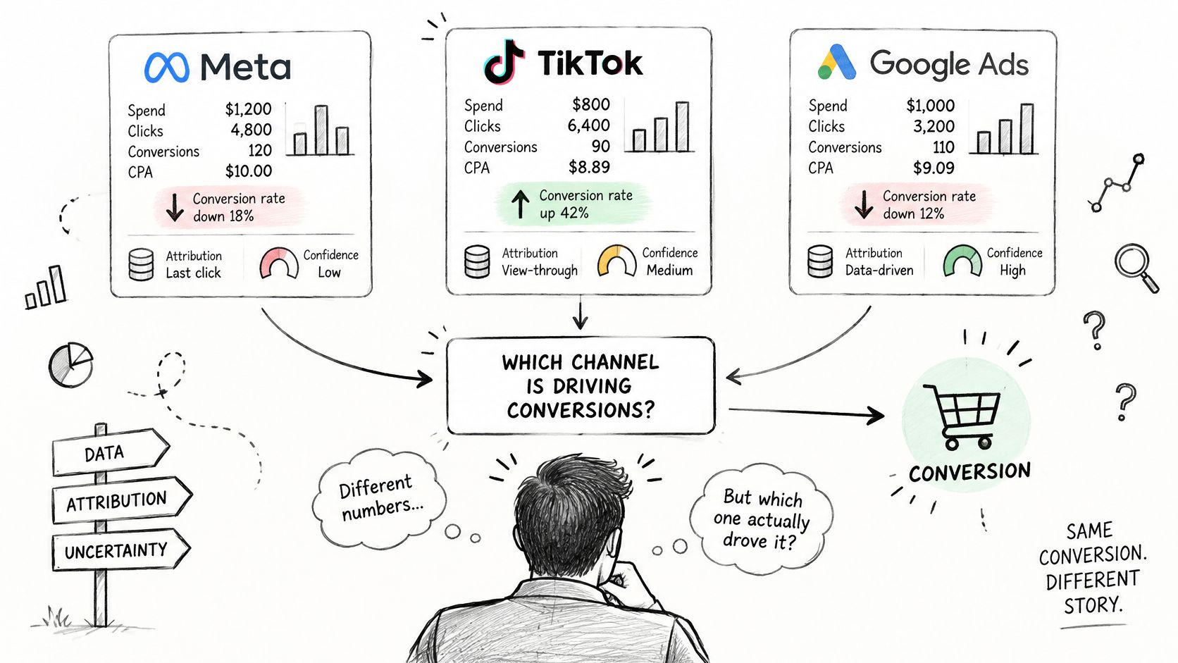 A conceptual illustration showing a marketer evaluating advertising data from Meta, TikTok, and Google Ads channels.