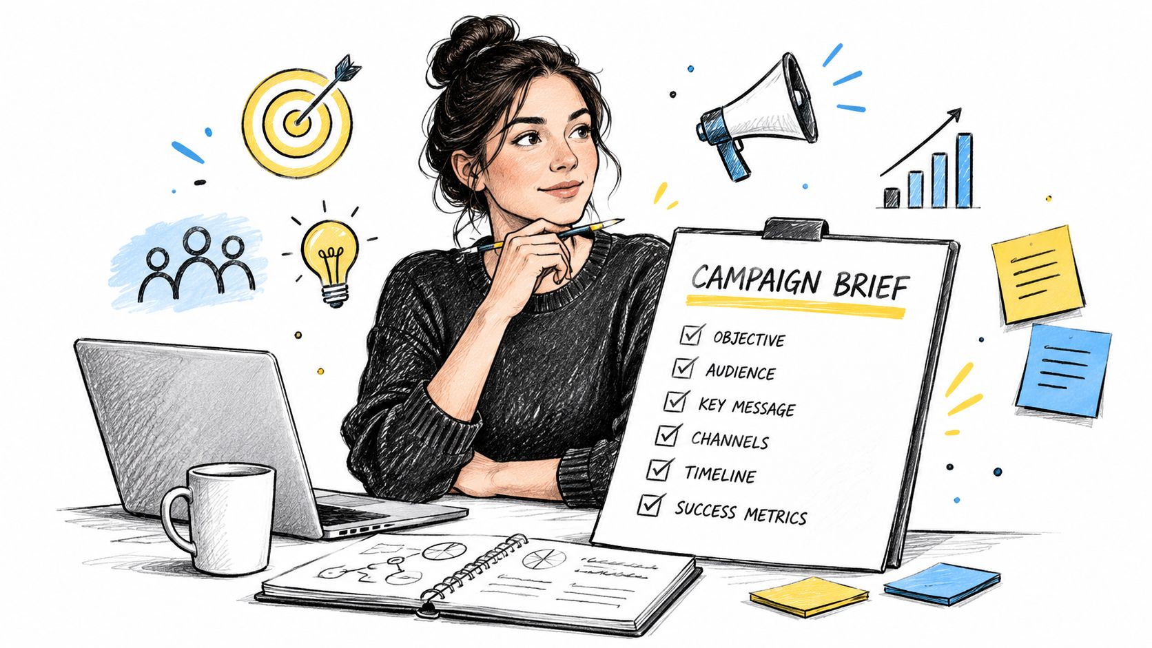 A professional woman planning an advertising campaign with a laptop, checklist, and various marketing-themed icons on desk.
