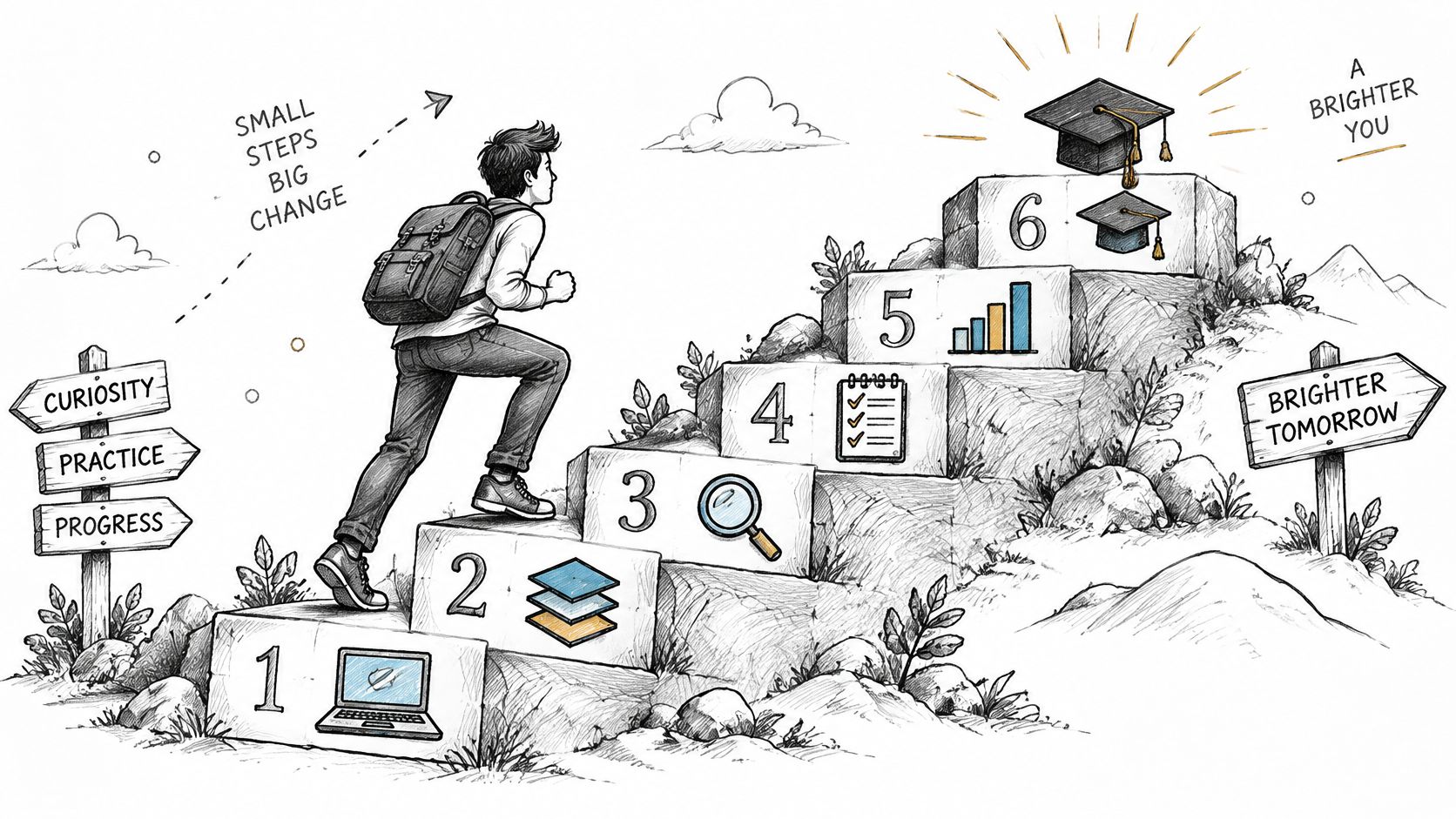 A student climbing a numbered six-step staircase representing a path from learning to graduation and success.