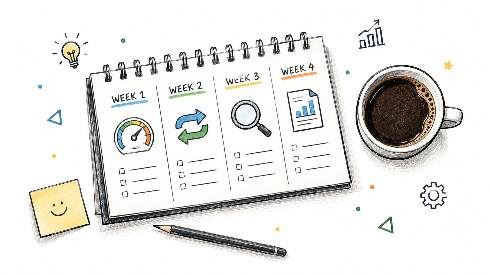A sketched spiral notebook planner on a desk with coffee and a pencil, illustrating a four-week project schedule.