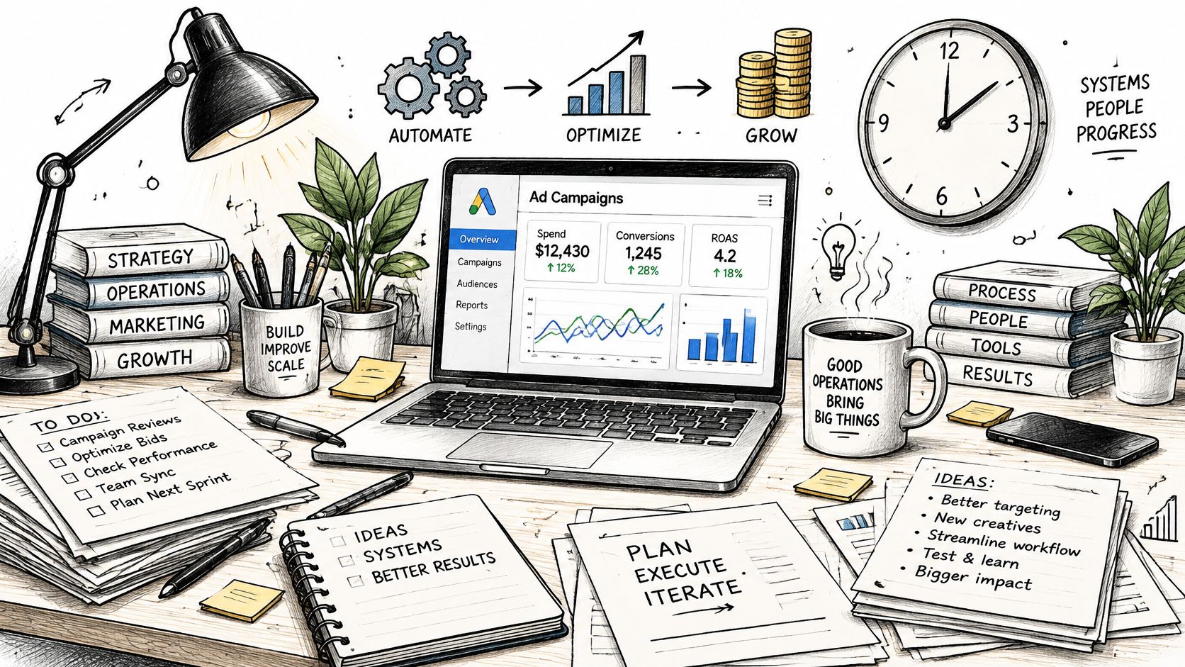 A creative workspace illustration featuring a laptop showing advertising analytics surrounded by strategy notes, books, and coffee.