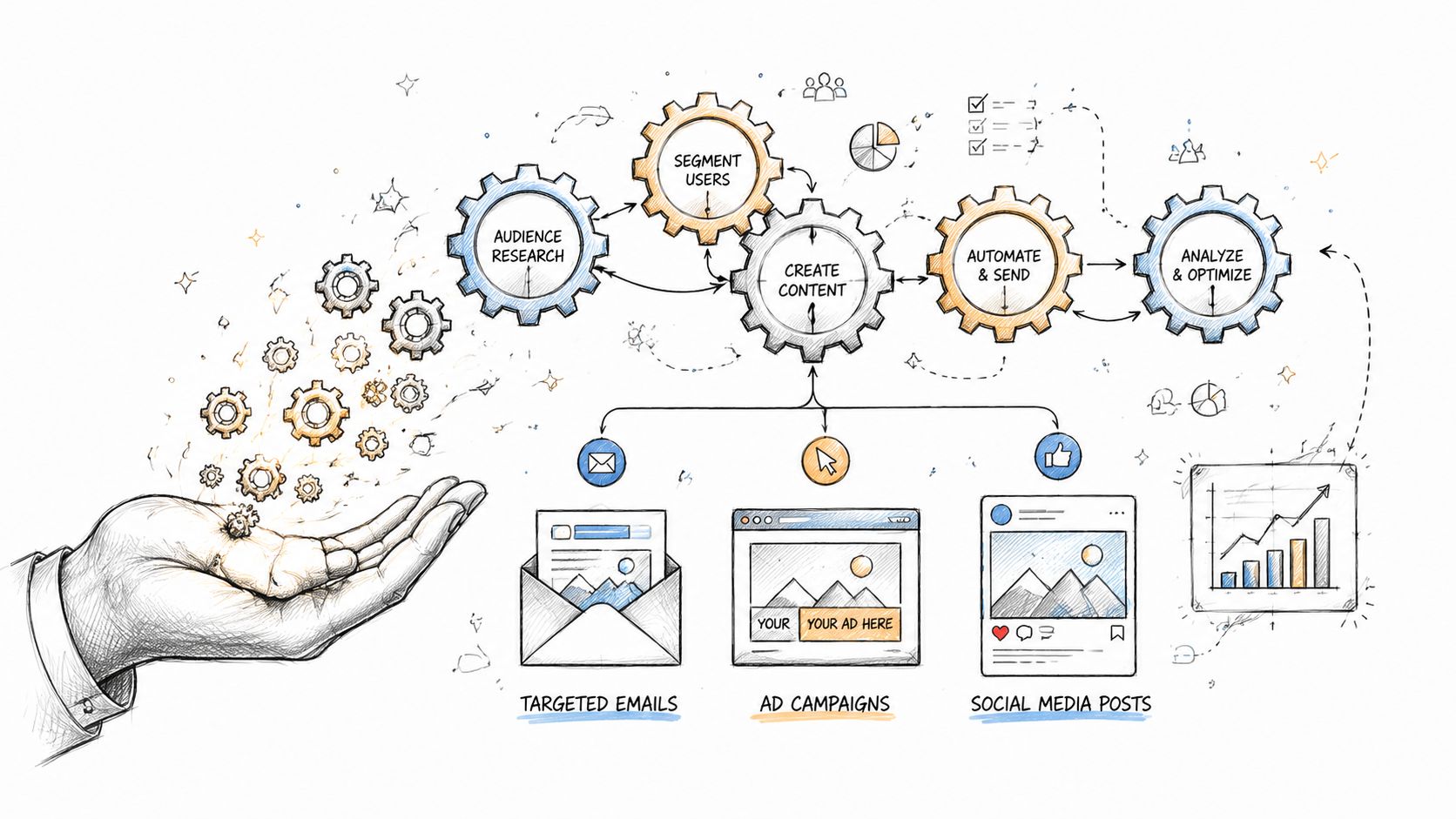 A hand-drawn illustration depicting the AI marketing automation workflow, including audience research, content creation, and analysis.