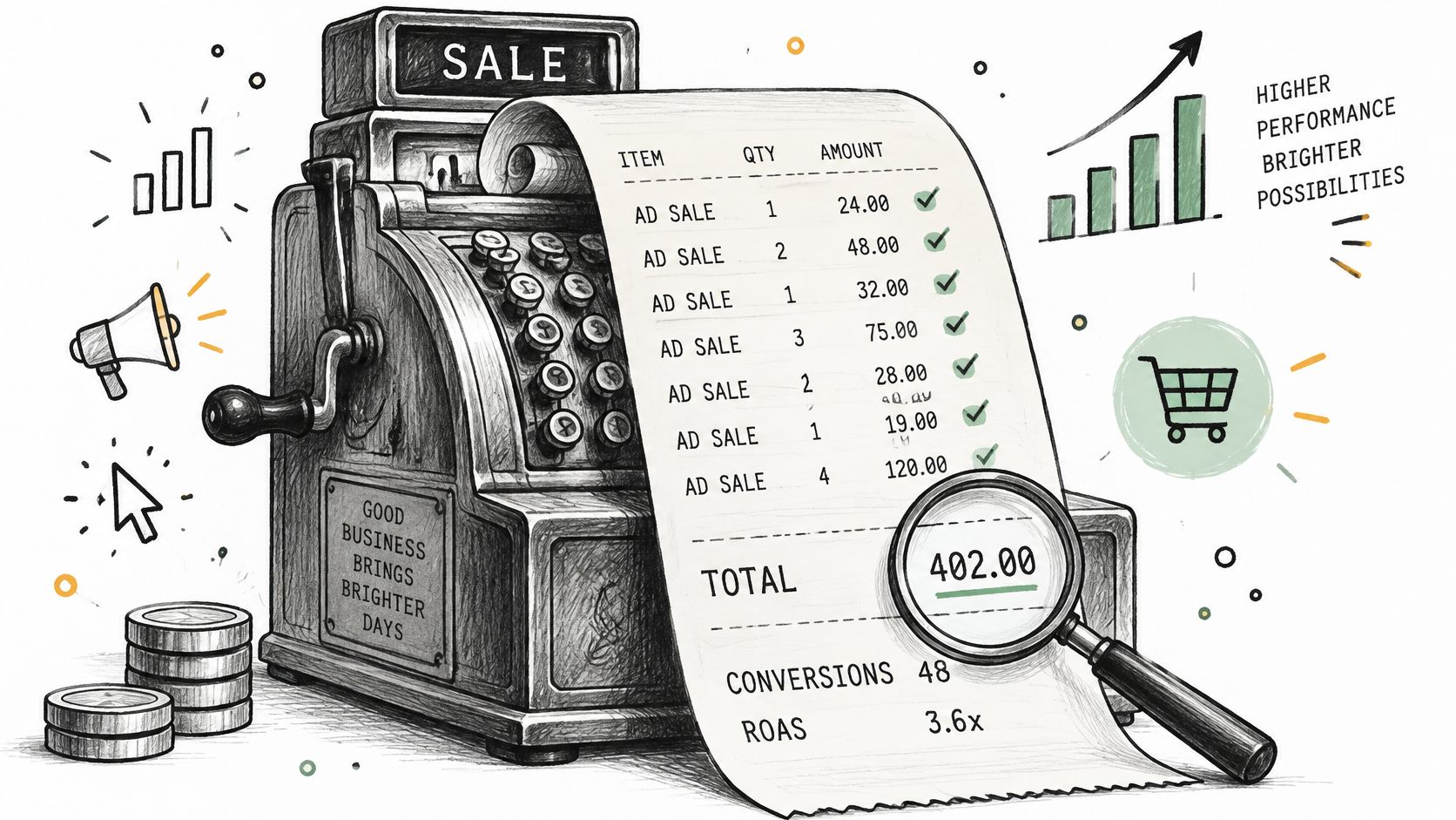 A hand-drawn illustration of an antique cash register printing a sales receipt showing ad performance metrics.