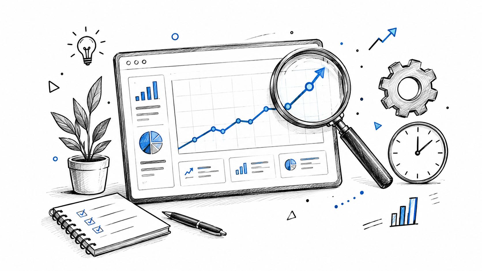 A sketched illustration of a tablet displaying analytical charts with a magnifying glass examining business growth.