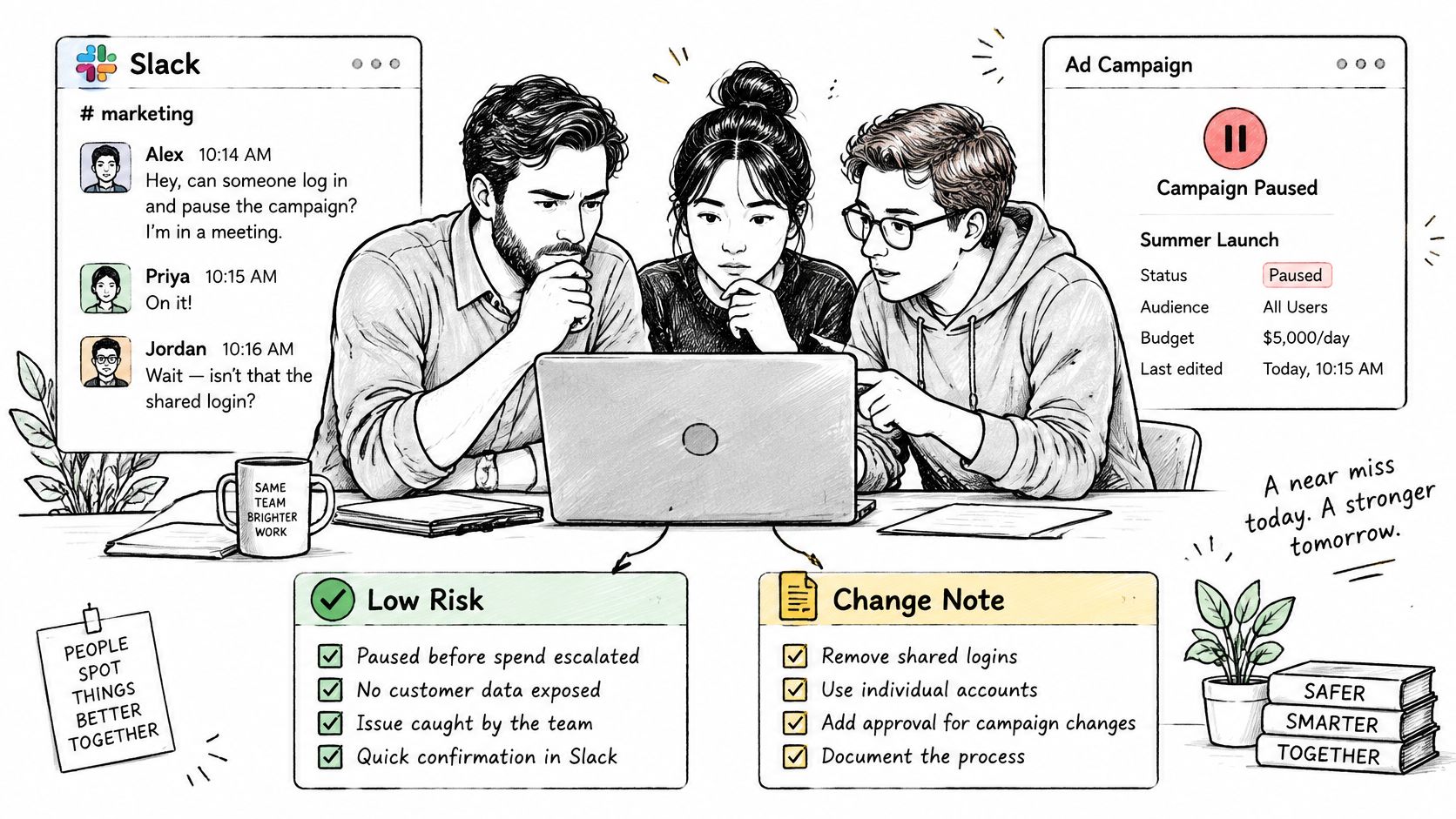 A diverse marketing team collaborating on a laptop to pause an active ad campaign safely.