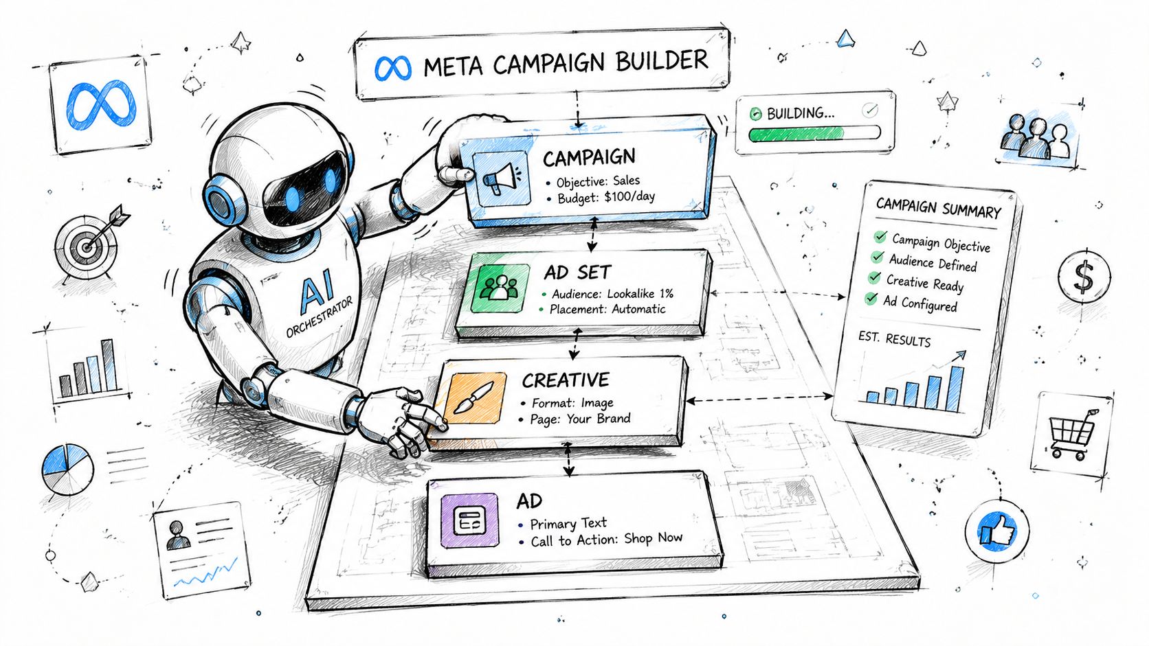 A robot AI orchestrator setting up a Meta advertising campaign with structured tiers of campaign management.