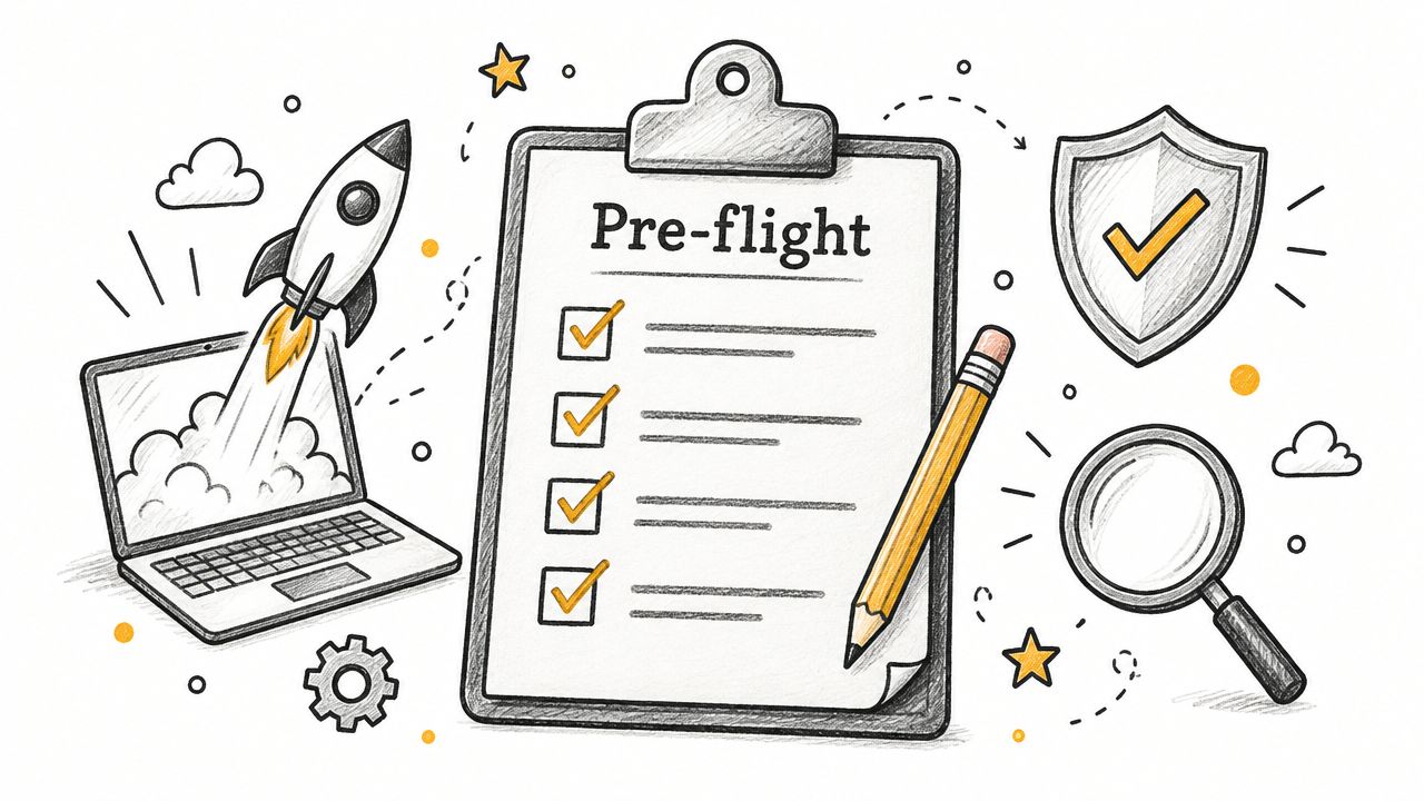 A hand-drawn illustration featuring a checklist, a laptop with a launching rocket, a shield, and a magnifying glass.