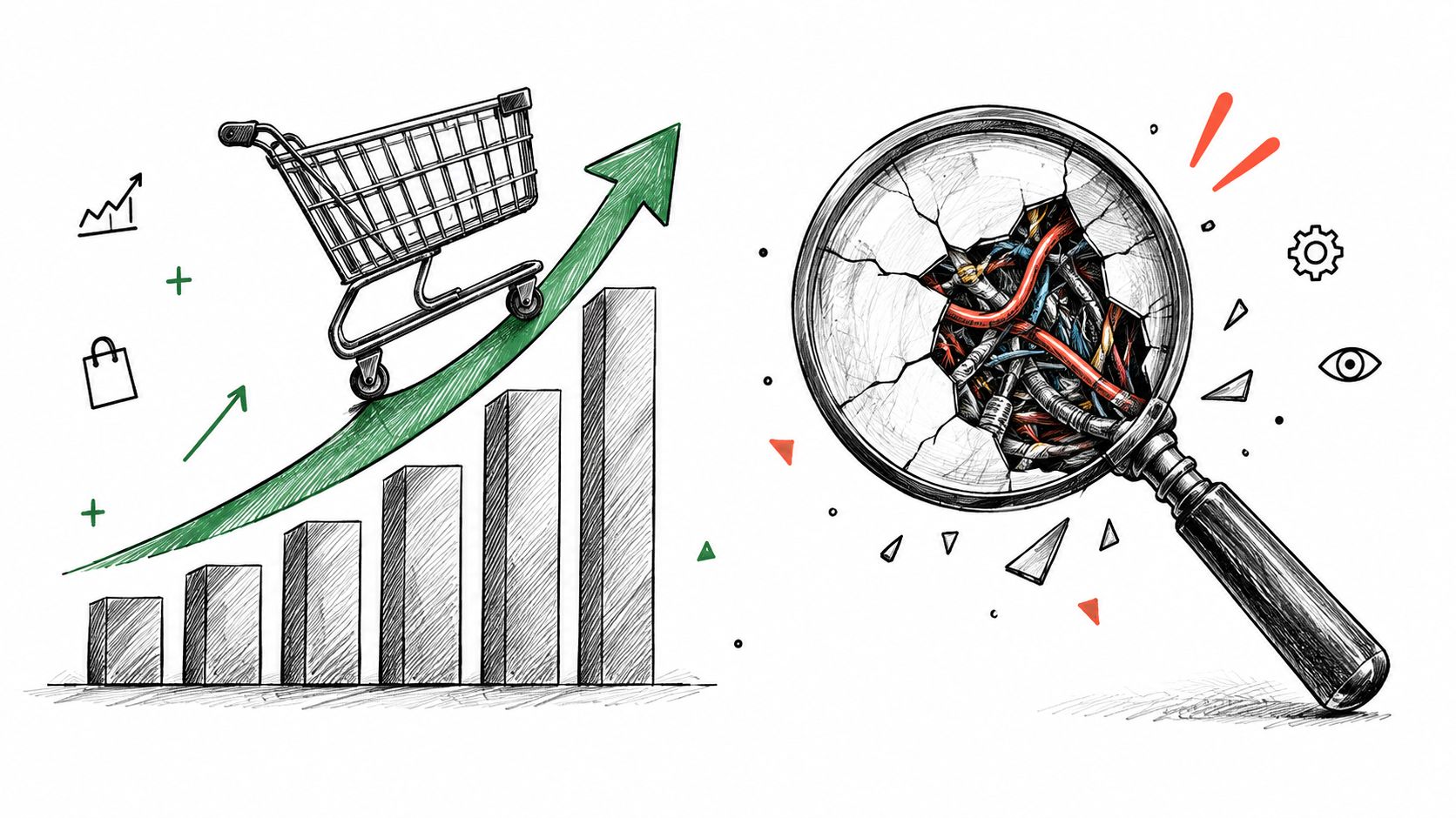 A conceptual illustration showing an upward trending bar chart with a shopping cart and a magnifying glass.