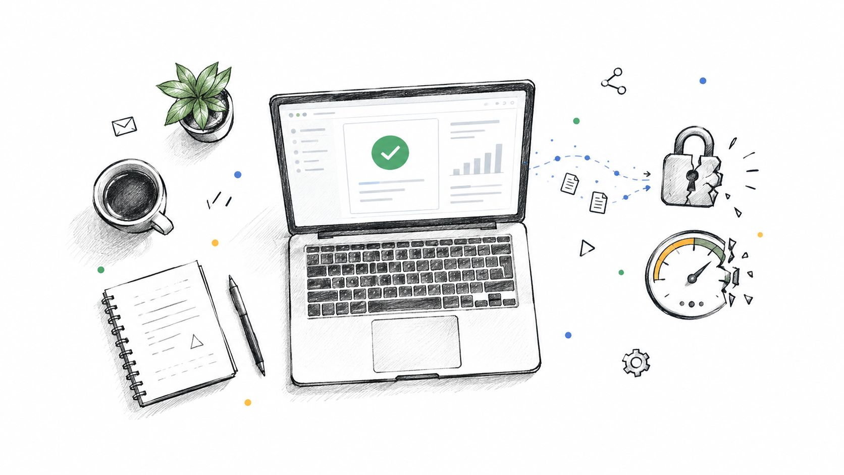 A hand-drawn illustration showing a laptop, notebook, coffee cup, and broken security icons on a desk.