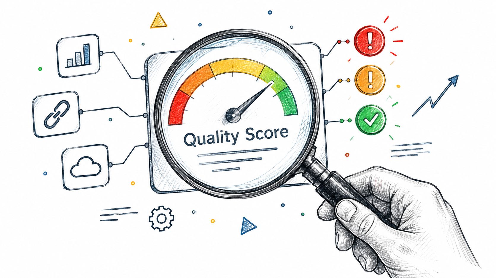 A magnifying glass inspecting a quality score gauge illustration with business icons and success symbols.