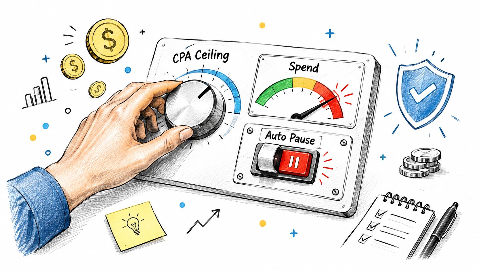 A hand adjusts a control dial for CPA ceiling settings on a dashboard with budget optimization features.