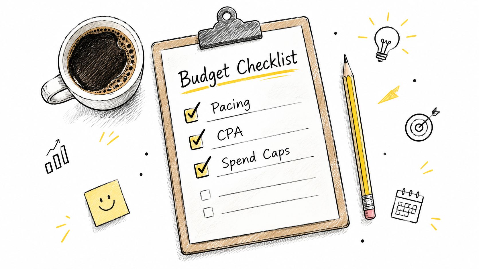 A hand-drawn checklist on a clipboard titled Budget Checklist, with three completed items and a coffee cup.