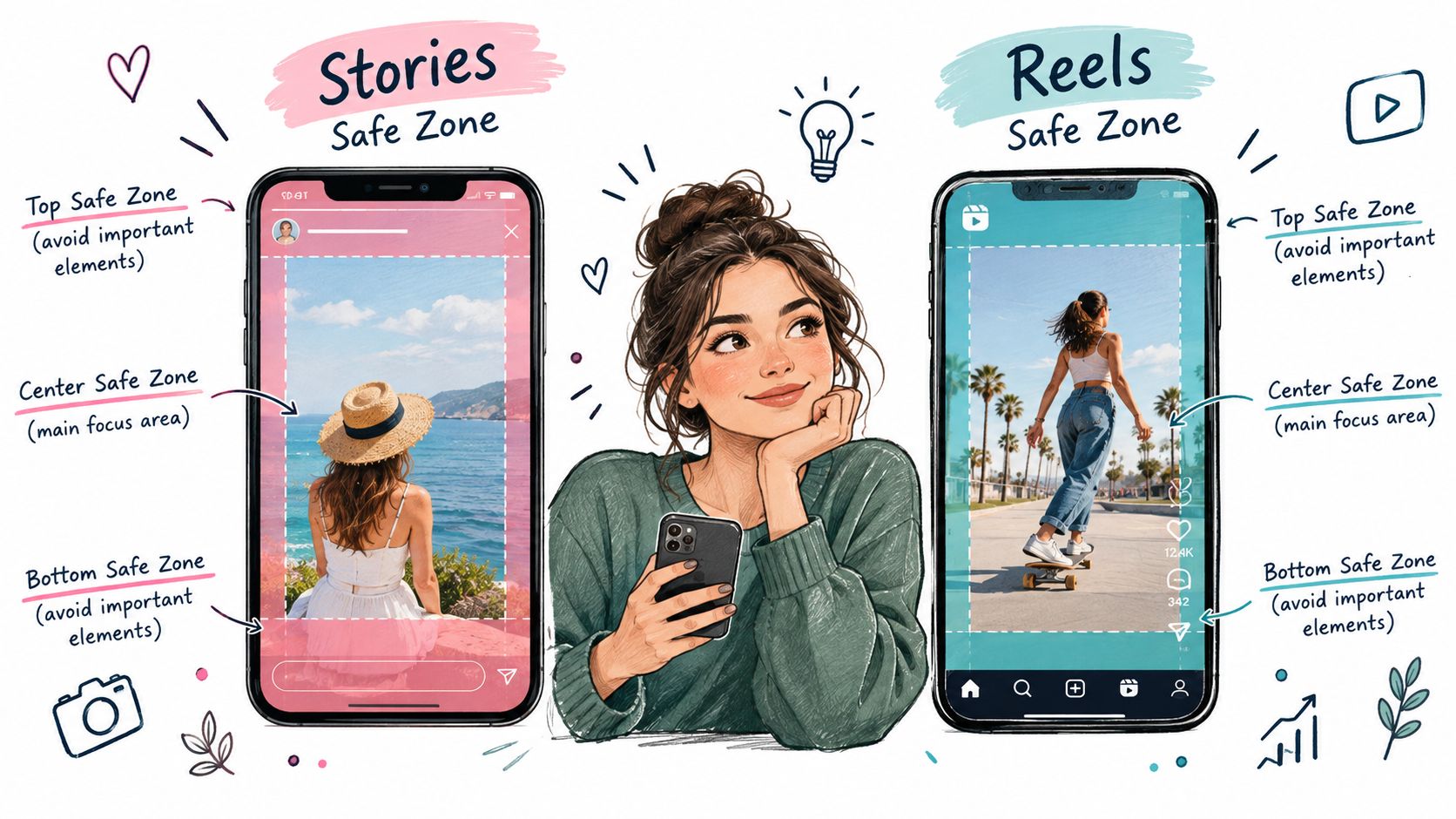A diagram comparing Instagram Stories and Reels safe zones for placing important content on mobile screens.